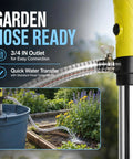 Cordless Stick Water Transfer Pump Roams Free Without Power Cords And Sniffs Out Standing Water Fast, featuring 3/4 inch outlet for easy garden hose connection.