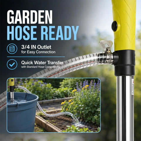 Cordless Stick Water Transfer Pump Roams Free Without Power Cords And Sniffs Out Standing Water Fast, featuring 3/4 inch outlet for easy garden hose connection.
