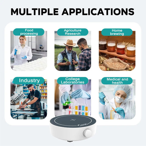 Various applications of MS3 Magnetic Stirrer Mixer With 1800 RPM Brushless Motor including lab, food, agriculture, and health.