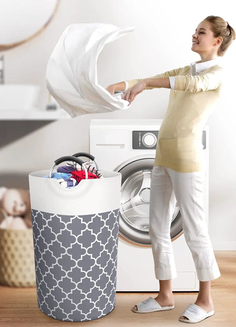 Giant 82L Collapsible Laundry Basket With Aluminum Soft Grip Handles Waterproof Laundry Hamper in use by woman in laundry room