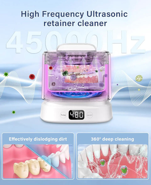 Ultrasonic Retainer Cleaner Machine With 45kHz Sonic Cleaning And Digital Timer Deep Clean For Dentures Aligners Braces Night Guards And Jewelry 319ml Capacity White Compact Countertop Design No Fuss Easy To Use Home Ready