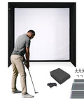 Pro Grade Indoor Golf Simulator Enclosure Kit With Impact Screen And Protective Padding No Fuss Push Pin Setup Complete Practice Bay 8 ft 4 in by 8 ft 4 in by 5 ft with man practicing.