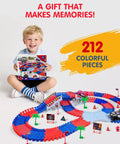Child holding box of Awesome Spider Themed Race Track Toy With Flexible 212 Piece Car Track And Two Spider Cars STEM DIY Track