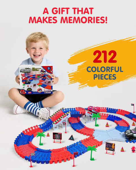 Child holding box of Awesome Spider Themed Race Track Toy With Flexible 212 Piece Car Track And Two Spider Cars STEM DIY Track