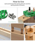 No Fuss Self Centering Doweling Jig Kit Boasting Anodized Aluminum Body and Heavy Duty High Speed Steel Bushings for Bulletproof Woodworking Joints and Pocket Holes with Eight Precision Drill Bits in use with drill guide and wood pieces.