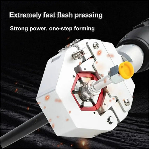 Electric Rechargeable Hydraulic Crimping Pliers EP-7842 Portable Pipe Flaring Tool For Automobile Ac Lines R134a R1234yf close-up of crimping mechanism.