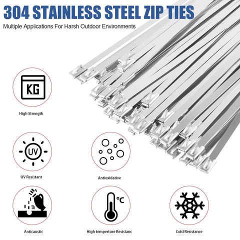 300 Pack 304 Stainless Steel Self Locking Cable Ties With 300 Lb Tensile Strength, heavy duty metal zip ties weather resistant