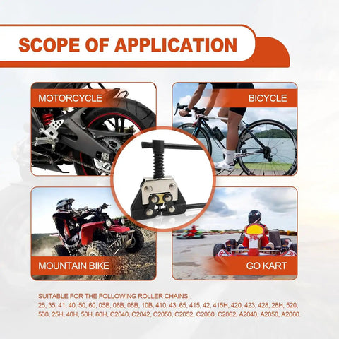 Application guide for Beefy Heavy Duty Roller Chain Breaker And Detacher Tool for motorcycles, bicycles, mountain bikes, go-karts.