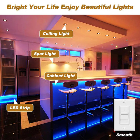 Modern kitchen with LED strip, cabinet, spot, and ceiling lights showcasing dimming solution for smooth flicker-free lighting.