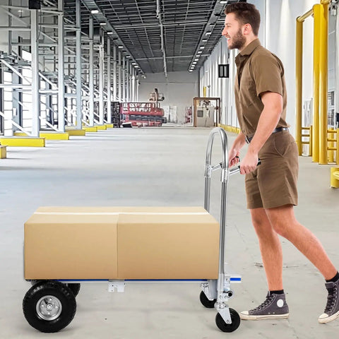 2 In 1 Heavy Duty Industrial Cart With Wheels Folding Dolly Cart 800 Lbs Capacity with box in warehouse