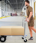 2-In-1 Heavy Duty Industrial Cart With Wheels Folding Hand Truck Dolly For Pros And Movers, 800 Pound Capacity, One Hand Switch From Upright To Flat, Fold-Out Toe Plate, 4-Wheel Workhorse For Heavy Gear in warehouse with box