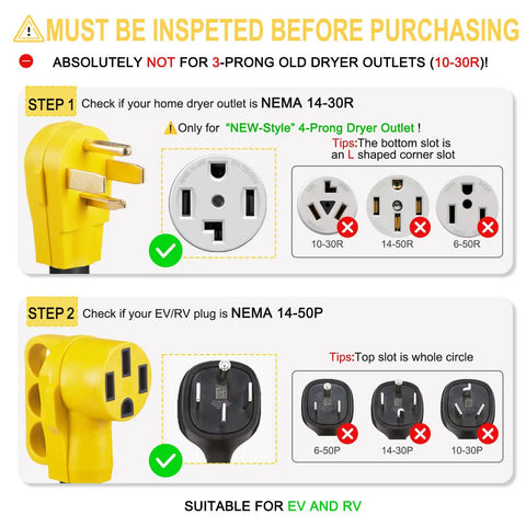 Image showing inspection steps for 20 Foot EV Charger Adapter Cord From NEMA 14-30P To 14-50R, ensuring plug compatibility.