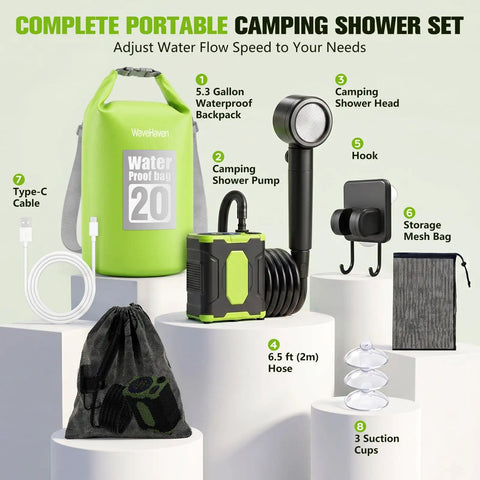 On The Go Camping Shower With 10000mAh Battery, Waterproof Dry Bag, LED Display, 4 Spray Modes, Rechargeable Portable Outdoor Water Pump Set