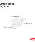 Clear Coffee Scoop For POP Storage Containers, 2 Tbsp 30 mL Capacity, durable kitchen accessory with dimensions