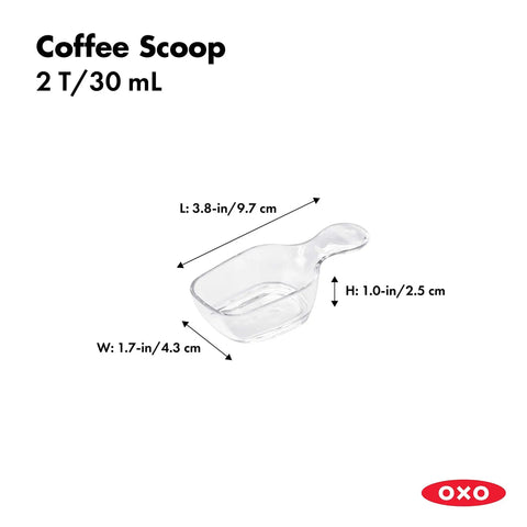 Clear Coffee Scoop For POP Storage Containers, 2 Tbsp 30 mL Capacity, durable kitchen accessory with dimensions