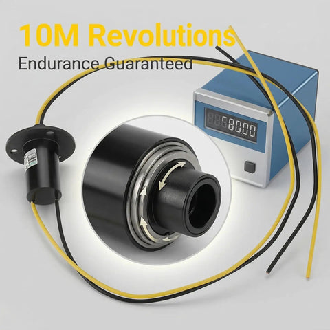 Heavy Duty Electrical Slip Ring 2 Wire Conductive Collector Ring 15A Per Ring 300mm Wire Length IP51 Rated For High Power Equipment And Industrial Accessories, black unit with yellow and black leads
