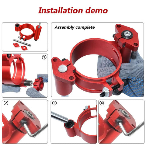 Built Tough Durable Aluminum Router Table Insert Plate, installation process shown with red aluminum parts and tools.