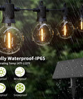 Solar Outdoor String Lights 50 Feet With 26 Edison G40 Bulbs IP65 Waterproof Patio Lights shown in rain with solar panel
