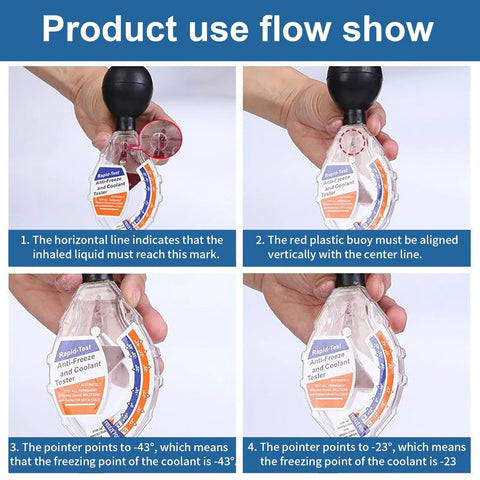 Front view of KINGTAIXIN coolant tester accessory with clear housing, orange/blue scale, and red buoy indicator.