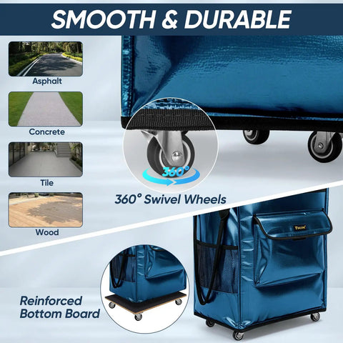 Rolling Grocery Tote With Wheels Reusable Shopping Bags On Wheels All In One Trolley for groceries shown on various surfaces with 360° swivel wheels.