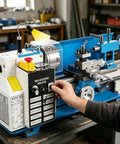 Upgraded 7X14 Inch Benchtop Mini Lathe Machine With Variable Speed And Knockout Precision, user adjusting controls for operation.