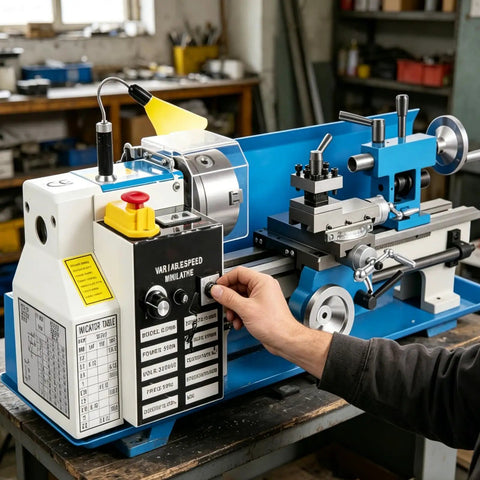 Upgraded 7X14 Inch Benchtop Mini Lathe Machine With Variable Speed And Knockout Precision, user adjusting controls for operation.