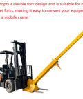 Heavy Duty Forklift Telescopic Jib Boom Attachment With Adjustable Mobile Crane Hoist Rock Solid Steel Truss Design Built Tough To Handle The Heavy Stuff And Tow Up To 6614 Lbs with yellow arm extending from forklift.
