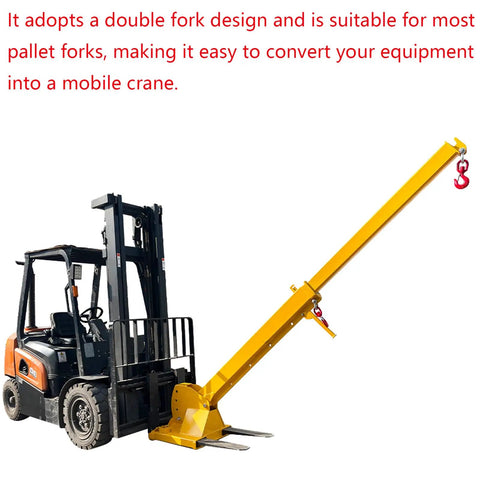 Heavy Duty Forklift Telescopic Jib Boom Attachment With Adjustable Mobile Crane Hoist Rock Solid Steel Truss Design Built Tough To Handle The Heavy Stuff And Tow Up To 6614 Lbs with yellow arm extending from forklift.