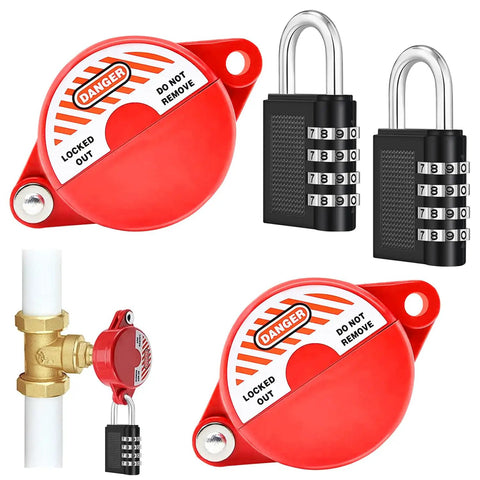 Two Pack Gate Valve Lockout Device With Coded Lock Fits 1 to 2 and a Half Inch handles, red, shown with password lock and spigot