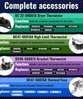 Image of complete accessories including DC32-00007A dryer thermistor and DC47-00018A high limit thermostat for installation.