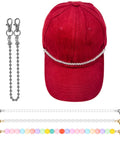 Detachable Pearl Hat Chains For Trucker Hats And Mesh Baseball Caps 4 Pack with metal beads and lobster clasps displayed with red hat