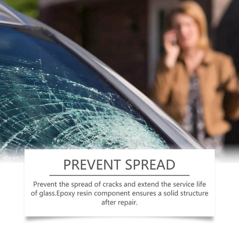 Close-up of a cracked windshield with text about using 2 Pack Windshield Crack Repair Kit For Chips And Cracks Fast Glass Repair Liquid Glue For Car