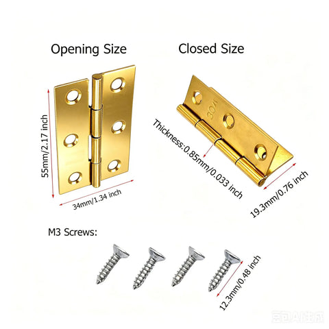 12 Packs Gold Stainless Steel Butt Hinges 2.15 Inch For Cabinets And Doors With Matching Screws, Open and Closed Size