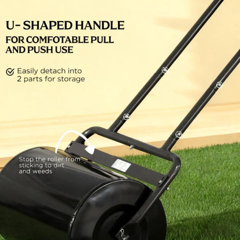 Versatile Push And Tow Lawn Roller with 10 Gallon Capacity, black steel, U-shaped handle for comfortable pull and push use.