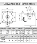 Technical drawing and specifications for Synchronous Gear Motor CW CCW High Torque Permanent Magnet Micro Electric Motor 110V AC 20 RPM.