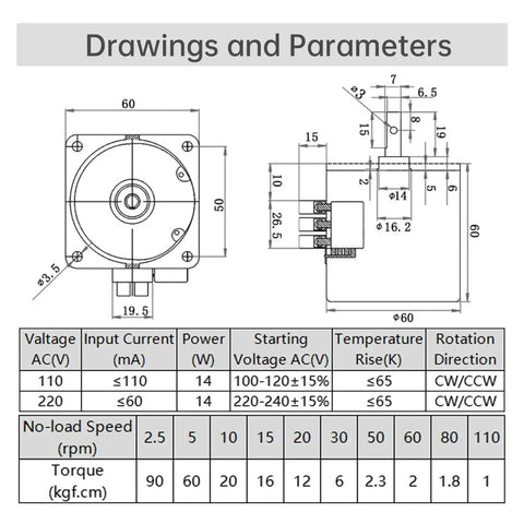 Technical drawing and specs of Beefy High Torque Synchronous Gear Motor With CW CCW Reversible Rotation Permanent Magnet Micro Electric Motor AC 110V 15 RPM For Precision Machinery And DIY Projects