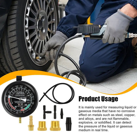 Gnarly Heavy Duty Car Fuel Pump And Vacuum Tester Gauge Nails Each Carburetor Leak Quick Universal Engine Pressure Testing Tool Built Tough For Weekend Mechanic Projects And Street Cars, measuring tire pressure on a vehicle.
