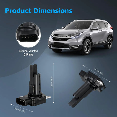 Mass Air Flow Sensor MAF For Honda Accord 2.4L 2008-2012 And Acura ILX TSX NSX 2.4L 3.5L Engine Models Plug And Play Upgrade For Reliable Performance Today, 5-pin black sensor with dimensions