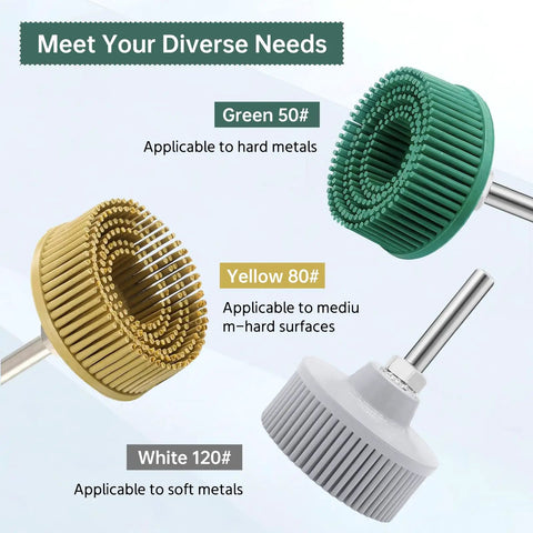Three Piece Two Inch Bristle Disc Set For Gasket Removal Includes 50 80 120 Grit White Yellow Green Bristles With One Fourth Inch Shank Attached