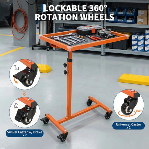 Rolling Heavy Duty Steel Work Table With Wheels Adjustable Height From 38.5 To 51.5 Inches 220 Lbs Capacity Big 17x26 Inch Tool Tray With Non Slip Padding Built For Garage Home Auto Repair And DIY Projects, featuring swivel caster with brake and lockable 360-degree rotation