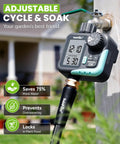 Sprinkler Timer With Cycle And Soak For Garden Hose No Guesswork Automatic And Manual Watering With Rain Delay Programmable Irrigation System For Lawn Yard Outdoor Large Screen Readout Easy Setup Set It And Forget It attached to hose.