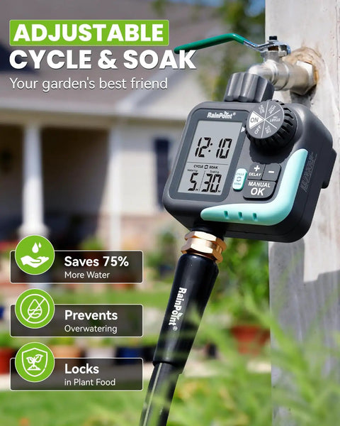 Sprinkler Timer With Cycle And Soak For Garden Hose No Guesswork Automatic And Manual Watering With Rain Delay Programmable Irrigation System For Lawn Yard Outdoor Large Screen Readout Easy Setup Set It And Forget It attached to hose.