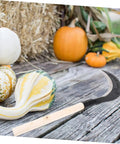 Manganese Steel Long Handle Scythe For Gardening next to pumpkins on wooden surface, showcasing the curved blade and comfortable grip.