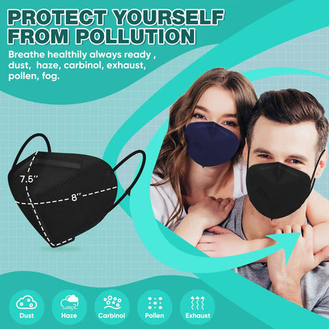 Essential KN95 Face Masks 50 Pack Individually Wrapped Multicolor For Men And Women, black size dimensions, on models