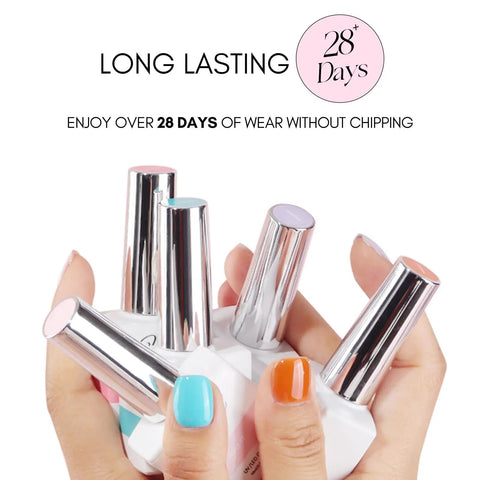 Hand holding bottles from HEMA-Free Neon Gel Nail Polish Kit With 6 Long-Lasting Soak-Off UV LED Polishes, Vegan And Cruelty-Free