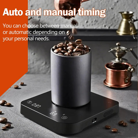 Palm Size Coffee Scale With Timer Auto Precision Espresso Scale 0.1g To 2000g with coffee beans and grey container