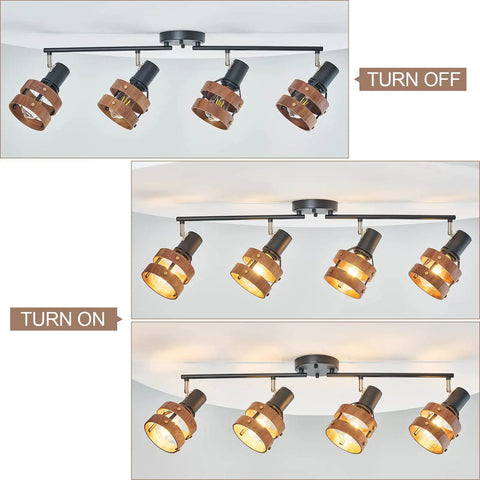 Four Head Black Track Lighting With E26 Sockets Adjustable Spotlight Heads And Wood Accent Dope Farmhouse Vibe Modern Ceiling Light For Living Room And Kitchen Flexible Directional Arms