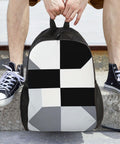 Clean Black And White Piano Grid Print Travel Backpack With Bold Front Art, Dope Laptop Daypack For Daily Commute And Fitness Trips on legs.