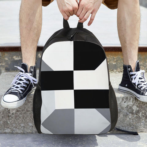 Clean Black And White Piano Grid Print Travel Backpack With Bold Front Art, Dope Laptop Daypack For Daily Commute And Fitness Trips on legs.