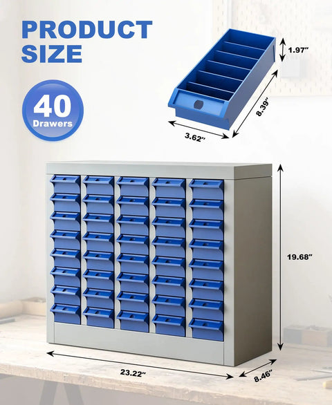 40 Drawer Steel Parts Cabinet With ABS Bin Organizers for garage and workshop, dimensions 23.22x8.48x19.68 inches